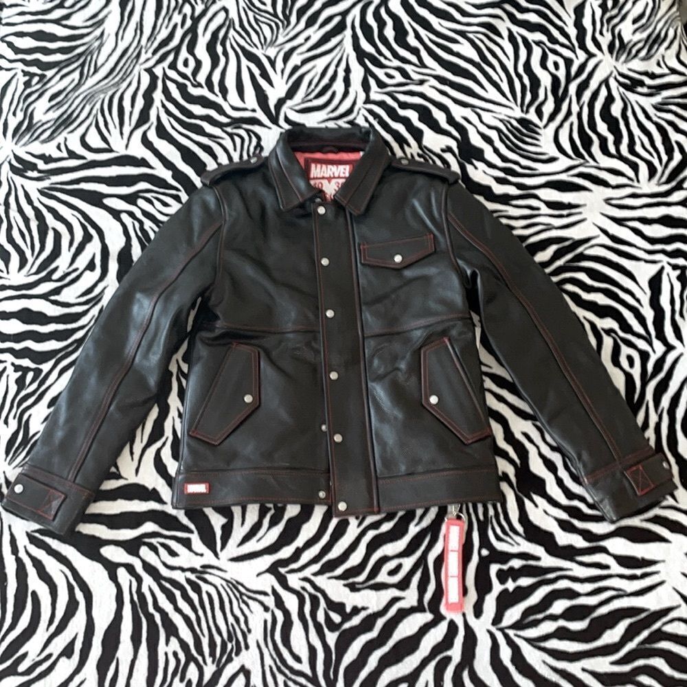 New With Tags Marvel Disney Men’s Black Leather Jacket With Red Accents